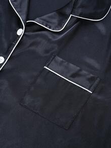 2 件加大码女式纯色冰丝缎面料睡衣套装，春夏奢华轻便舒适派对和度假装短袖翻领上衣和蝴蝶结短裤，服装 - 黑色 - 查看 4