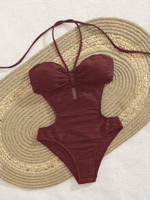 女士新款性感镂空挂脖连体泳衣度假休闲沙滩夏季 - 酒紅色 - 查看 3