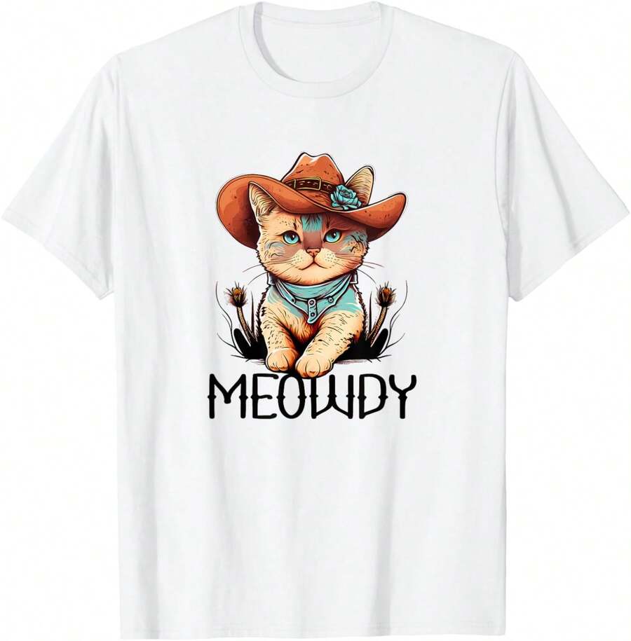 1 Pack Camiseta de hombre Meowdy gatte divertido Howdy Meme Western vaquero gatito Camiseta de hombre - Blanco - Ver 1