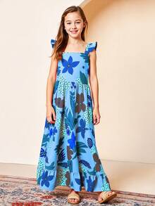女孩热带花卉印花连衣裙，彩色超长太阳裙，细肩带和荷叶边下摆，无袖夏季沙滩/派对装 - 藍色 - 查看 4