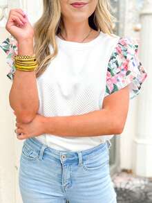 Acelitt Women's White Round Neck Fitted Ruffle Colorful Floral Cuff Short Sleeve T-Shirt, Elegant And Stylish For Summer Casual - White - View 3