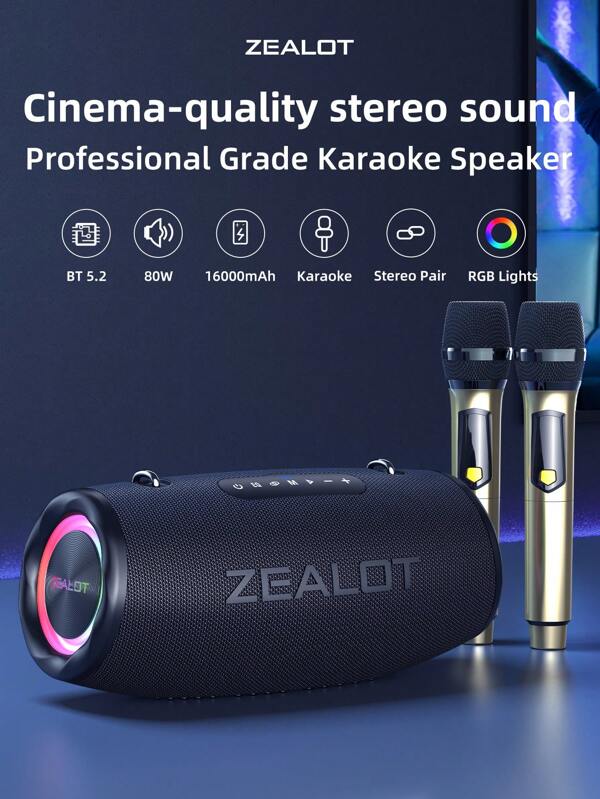 ZEALOT Zealot S87M Portable Wireless Bluetooth Microphone Speaker, 80W High Power, Built-In 16000mAh Battery, IPX6 Waterproof Rating, RGB Color Lights, Compatible With SD Card/USB/AUX, Supports Connection With Mobile Phones/Tablets/Computers/TVs, Suitable For Outdoor Camping, Gatherings, Home Theaters
