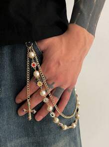 1 pieza Cadena de cintura con cruz de estilo punk imitando perlas, incrustada con rhinestones de colores, accesorio de Charm para hombres, joyería para pareja, regalo para vacaciones