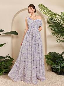 Mgiacy,New Arrival,Asymmetrical Collar,Printed,Elegant,Bridesmaid Dress,Ruffle,Belt,Chiffon,Long Dress,FOR,Wedding Guest - Mauve Purple - View 3