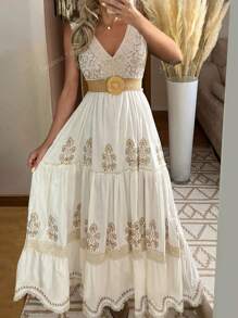 Vintage Floral Lace V Neck Flare Sleeve Tiered Maxi Dress