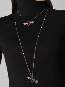 1pc Rhinestone Heart Pendant Double-Layer Necklace, Elegant Design Long Sweater Chain Necklace For Women - Love - View 1