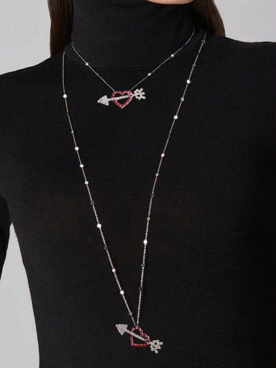 1pc Rhinestone Heart Pendant Double-Layer Necklace, Elegant Design Long Sweater Chain Necklace For Women - Love - View 1