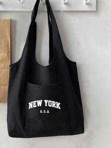 女士“纽约”字母黑色帆布手提包/单肩包，带口袋，可重复使用，购物袋，时尚手提包，女士休闲手提包，实用购物袋，收纳袋，适合超市购物、通勤、健身、商务旅行，宽肩带 - 黑色 - 查看 12