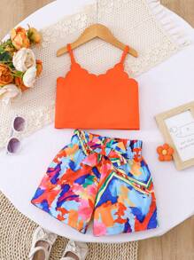 Set de 2 piezas para niñas: Camiseta sin hombros naranja casual y shorts con estampado colorido con moño, apropiado para fiesta, tiempo libre, vacaciones, hogar y exterior, verano