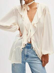 Women Long Sleeve Frill Long Top Deep V Neck Sheer Mesh Blouse Ruffled Sexy Flowy Tops Casual Loose Shirt With Scarf - 米色 - 查看 1