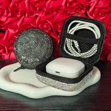 1pc Luxury Rhinestone Headphone Case, Storage Bag, Portable Electronic Accessory Case For Headphones, Charging Cables , Sturdy And Durable Portable Hard Shell Storage Case, Shockproof Protection Travel Storage Travel Essentials Back To School