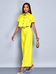 Summer Cream Yellow Casual Woven Fabric Contrast Color Button Pocket Jumpsuit Two Pieces Suit For Women, Suitable For Daily Office And Commute Wear - Bright Yellow - View 4
