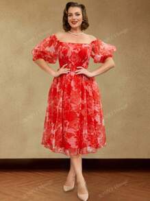 AOMEI Robe vintage à fleurs coupe évasée aux épaules dénudées, manches courtes en lanterne, style rétro, robe de soirée, robe d'invitée de mariage, pour cocktail