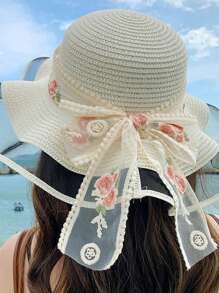 Nouveau chapeau de paille d'été de style coréen avec décoration nœud papillon, respirant. Grand bord de chapeau de soleil pour voyager, protection UV, décontracté, rétro, en polyester, convenant pour le printemps et l'été