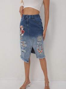 Fusta de denim cu crapată în față cu imprimeu floral pentru femei - Spălare medie - Vizualizare 2