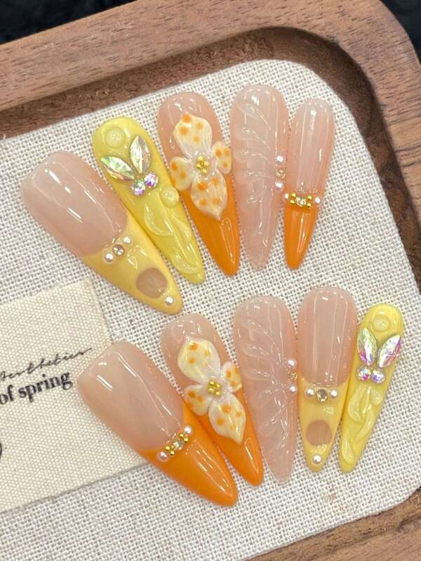 10pcs Y2K Dopamine Girl Style Handcraft Hollow Butterfly Wings Decor Long Oval Orange French Nail Tips, Reusable Gel Nail Kit With Mini Shaping Stick, Suitable For Parties, Holidays