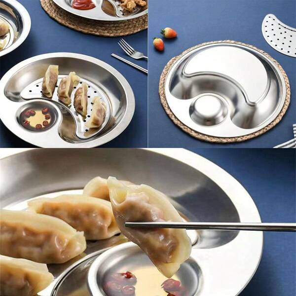 1pc Dinner Plate, Stainless Steel Dumplings Plate With Dipping Saucer Double- Layer Draining Dinner Plates Serving Dish