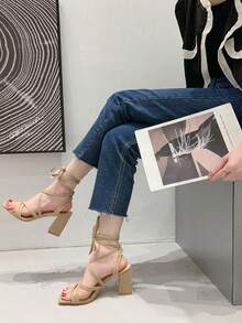 Women's Lace-Up High Heel Fashion Sandals For Daily Wear - Khaki - View 2