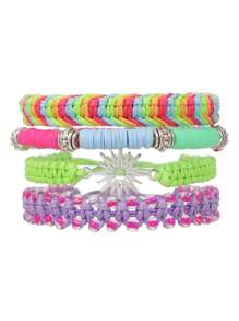 4 szt./5 szt. Bohemian Zinc Alloy Resin Shell & Faux Pearl CCB Ocean Elements Palm Tree, Wave, Turtle, Sunflower, Lucky Clover Tassel Handmade Woven Bracelet Set, Odpowiedni dla kobiet, do codziennego noszenia, letni prezent na wakacje na plaży
