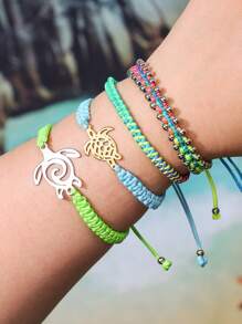 4 szt./5 szt. Bohemian Zinc Alloy Resin Shell & Faux Pearl CCB Ocean Elements Palm Tree, Wave, Turtle, Sunflower, Lucky Clover Tassel Handmade Woven Bracelet Set, Odpowiedni dla kobiet, do codziennego noszenia, letni prezent na wakacje na plaży