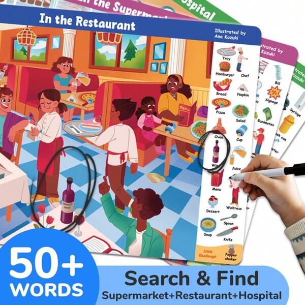 Livres d'activités de recherche et de découverte pour enfants et tout-petits, livre d'activités préscolaires réutilisable avec 1 marqueur effaçable à sec, 3 thèmes "Supermarché+Restaurant+Hôpital". Jouets éducatifs, jeu de voyage pour les trajets en voiture, avion pour développer le cerveau du tout-petit, exercer la concentration et les capacités d'observation