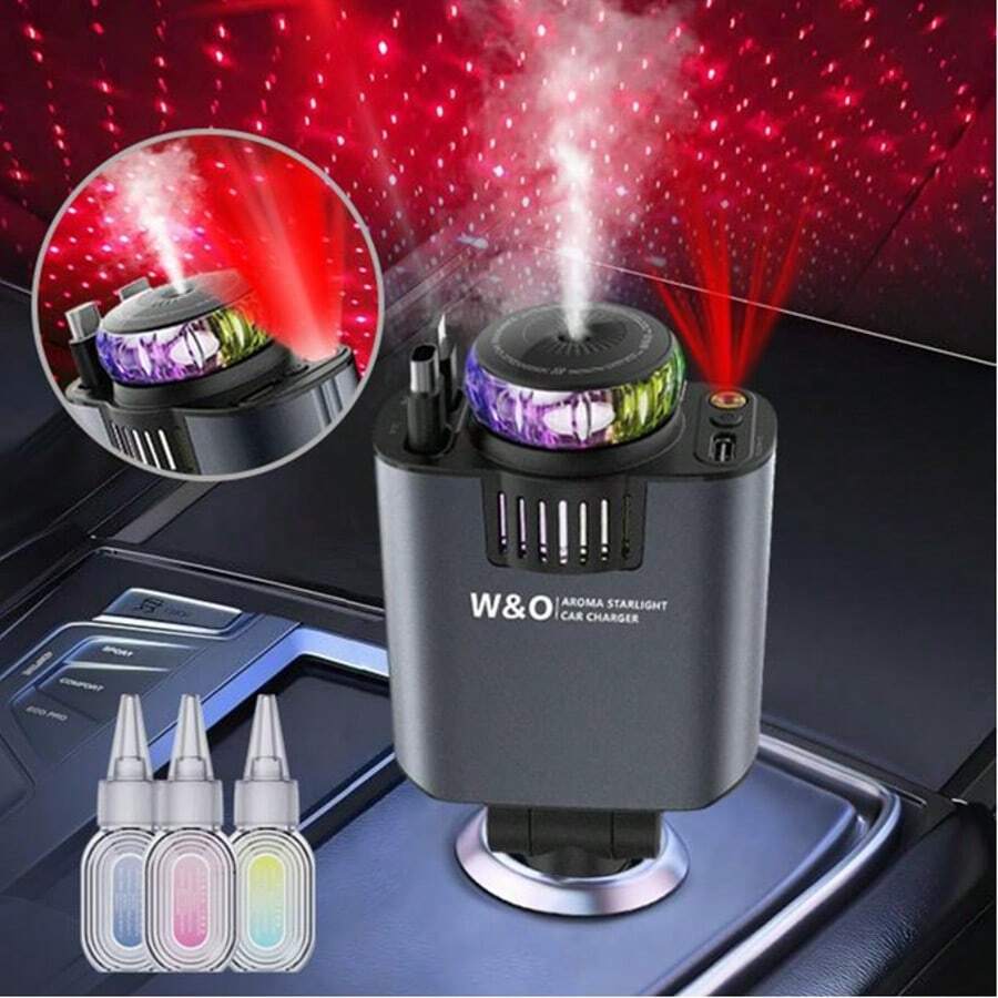 W&O Smart Car AromaRelax Projection Red- Light Suitable For Parties, Cars, Families, E-Sports,Nightlight Feature, Perfect Car Gift,Modern Vehicle Scent Enhancer,Three-In-One Multifunctional Car Charger - Perfume Machine, Purple Starry Sky Ceiling Light, Dual 80cm/32inch Retractable Cable, Durable , Air Freshener Car Perfume Auto Fragrance - Great Atmosphere - Perfect Christmas Birthday Gift - 紅燈 - 查看 1