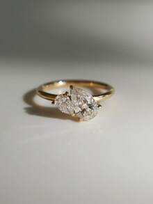 1pc 925 Sterling Silver Elegant Geometric Teardrop Design Ring With Sparkling Cubic Zirconia, Suitable For Daily Wear, Engagement, Wedding, High Quality Women's Jewelry, Gift For Lover - Yellow Gold - View 1