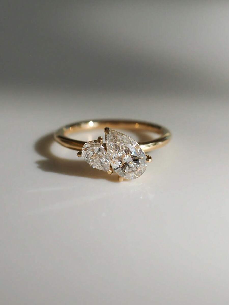 1pc 925 Sterling Silver Elegant Geometric Teardrop Design Ring With Sparkling Cubic Zirconia, Suitable For Daily Wear, Engagement, Wedding, High Quality Women's Jewelry, Gift For Lover - Yellow Gold - View 1