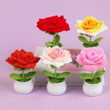 1pc Handmade Crochet Woolen Rose Flower, Artificial Potted Plant Decor, Everlasting Flower Desktop Ornament, Valentine's Gift For Women, Creative Scandinavian Handmade Flower, Mother's Day Handcraft Present, Car And Office Decoration