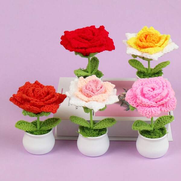 1pc Handmade Crochet Woolen Rose Flower, Artificial Potted Plant Decor, Everlasting Flower Desktop Ornament, Valentine's Gift For Women, Creative Scandinavian Handmade Flower, Mother's Day Handcraft Present, Car And Office Decoration