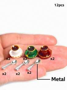 1pc/5pcs/6pcs 1:12 Scale Dollhouse Mini Coffee Maker Set, Realistic Metal-Tone Coffee Pot Model With Resin Coffee Cup/Saucer, Metal Spoon, Kitchen Accessories For Toy House, Party Decor, Interesting Lifelike Playset!