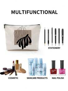 1pc Daily Black & White Geometric Figure Print Linen Cosmetic Bag, Cute Travel Makeup Pouch And Multi-Functional Coin Purse, Lightweight Gift Essential For Women,For Holiday Beach, Bathroom Collection, Bedroom Collection, Large Capacity