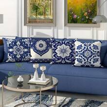 4 Peças, Capas de Almofada Estampa Floral Botânica Azul Marinho e Branca de Poliéster, Capas de Almofada Clássicas Vintage Boêmias, Capas de Almofada Decorativas 45*45 cm/17,71"x17,71", Adequadas para Decoração de Sala de Estar, Quarto, Sofá, Cama