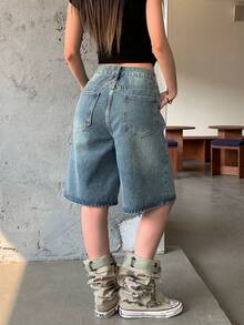 High Street Vintage Zniszczone Niebieskie 5-calowe Szorty Midi Z Zakładkami, Damskie Luźne Szerokie Nogawki Proste Szorty Jeansowe Bez Paska, Wiosna/Lato - Niebieski - Zobacz 7