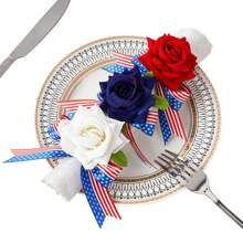 6pcs New Jute Napkin Rings, Hotel Tabletop Decor Cloth Loops, Bowknot Napkin Rings, Tabletop Decor Rings, Theme Red White Blue Rose Napkin Rings, Handmade Rose Holiday Tablescape Napkin Rings