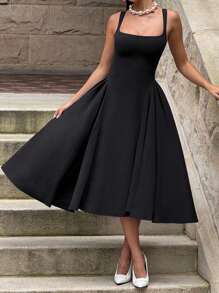 WOWDARK Damen Herbst einfaches einfarbiges Quadratausschnitt A-Linie Slip Kleid