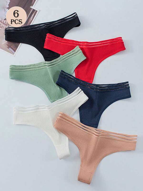 6pcs Women Ribbed Sexy Sheer Mesh Breathable Low Rise Panties, Thongs, G-String, T-Back