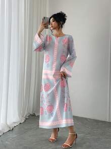 Solessence 奢华阿拉伯风格长袍，宽松圆领长袖，轻盈透气，优雅休闲度假长袍，传统阿拉伯服装，节日礼服 - 藍色 - 查看 3