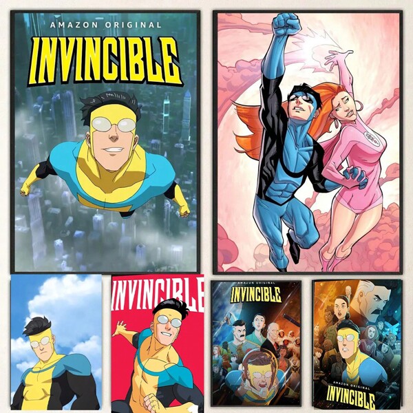1pc Invincible Cartoon Poster Self-Adhesive Art Waterproof Paper Sticker Coffee House Bar Room Wall Decor ,Wall Art With Frame