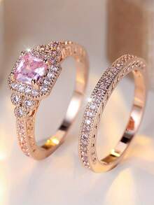 2pcs/Set Luxury Crystal Female Pink Zirconia Sqauarel Stone Ring Set Fashion Vintage Rose Gold Color Bridal Wedding Engagement Jewelry For Women - Ring Set - View 3
