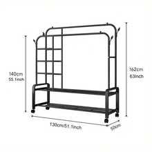 Heavy Duty Clothes Rail, Sturdy Black Metal Rack With Double Hanging Clothing Shoe Rack, Storage Shelves & 4 Coat Hooks, Freestanding Rails For Bedroom, Office, Shop - Hitam - View 4