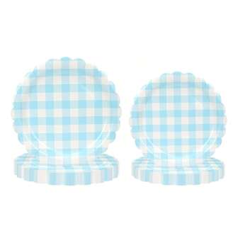 Lot de 10/20/50 assiettes en carton festonnées à carreaux bleus, fournitures de fête, assiettes en carton bleu et blanc, assiettes jetables à carreaux pour dîner, décorations d'anniversaire et de mariage