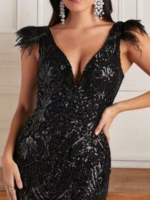 Sleeveless Dress V-Neck High Slit Feather & Sequin Embellished Sexy Formal Gown,Party Dress,Evening,Wedding Guest