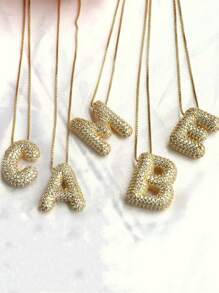 MECYLIFE 1pc Micro-Inlaid Cubic Zirconia Bubble Letter Necklace With 26 Letters Pendant