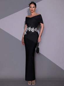 New Black Handmade Beaded & Rhinestone 3D Floral Off-Shoulder Fitted Long Bandage Dress, Elegant For Wedding Guest, Holiday Party, Formal Evening Gown