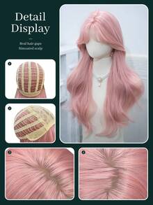 1 Synthetic Heat-Resistant Wavy Wig, Pink Wig, Made Of Fiber With Bangs At The Center, Suitable For Daily Use, Natural And Realistic Fake Wig (Excluding Accessories).