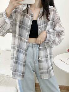 女款輕量春季格紋襯衫休閒外套罩衫白色 - 白色 - 查看 1