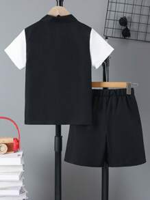 2 Peças/Conjunto Camisa com Estampa de Letras + Conjunto de Shorts, para Verão - Meninos