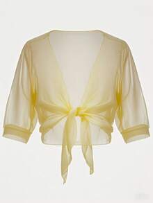 大码雪纺系带衬衫罩衫，轻盈休闲上衣，适合夏季度假 - 淡黃色 - 查看 3