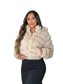 Women's Plush Puffer Jacket Winter Teddy Hood - 米色 - 查看 1